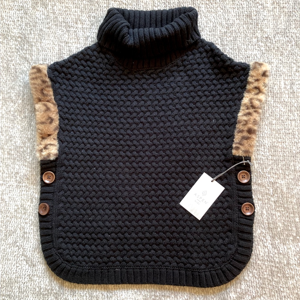 Aspen Kids Black Turtleneck Sweater Poncho Faux Fur Trim Size 7/8 NWT